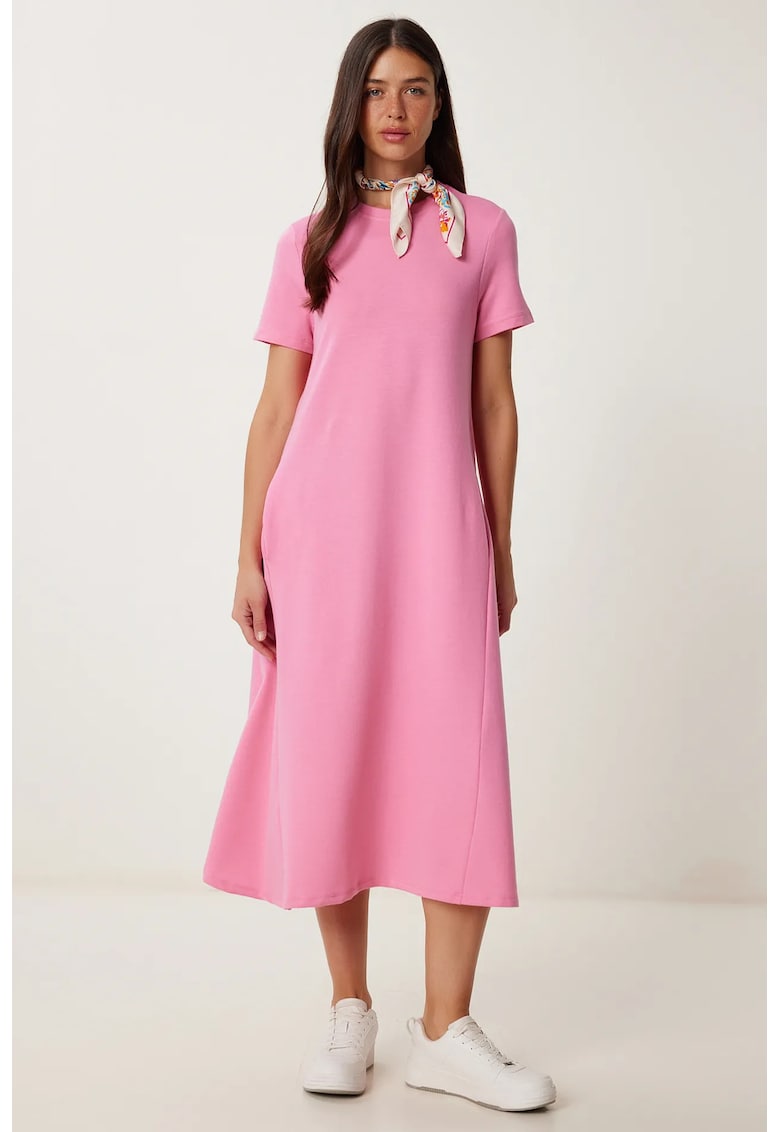 Rochie midi Happiness Istanbul - cu maneci scurte - roz - bumbac -