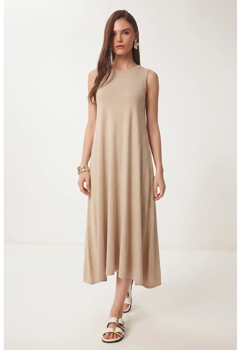 Rochie midi - Happiness Istanbul - A-Line - cu buzunar - bej natural - bumbac/elastan