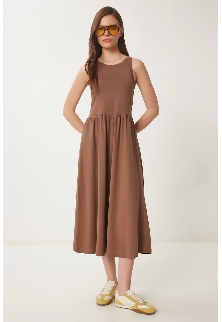 Rochie Midi - Happiness Istanbul - Guler rotund - bumbac - maro