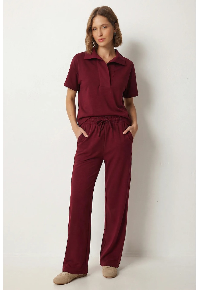 Costum din doua piese dama - Happiness Istanbul - bluza cu guler polo si pantaloni cu talie medie - mov mauve - 50% viscoza/44% poliester/6% elastan