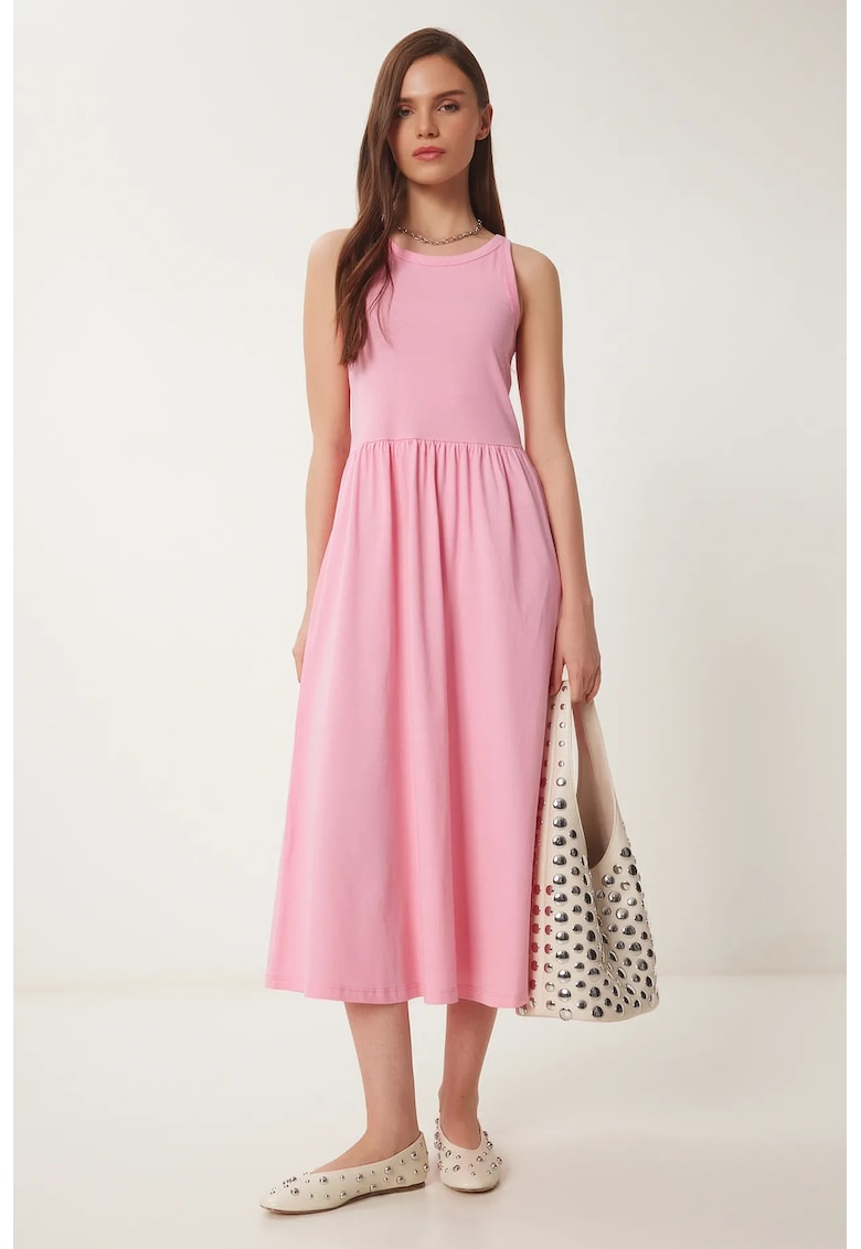 Rochie Midi - Happiness Istanbul - cu guler rotund - roz - bumbac