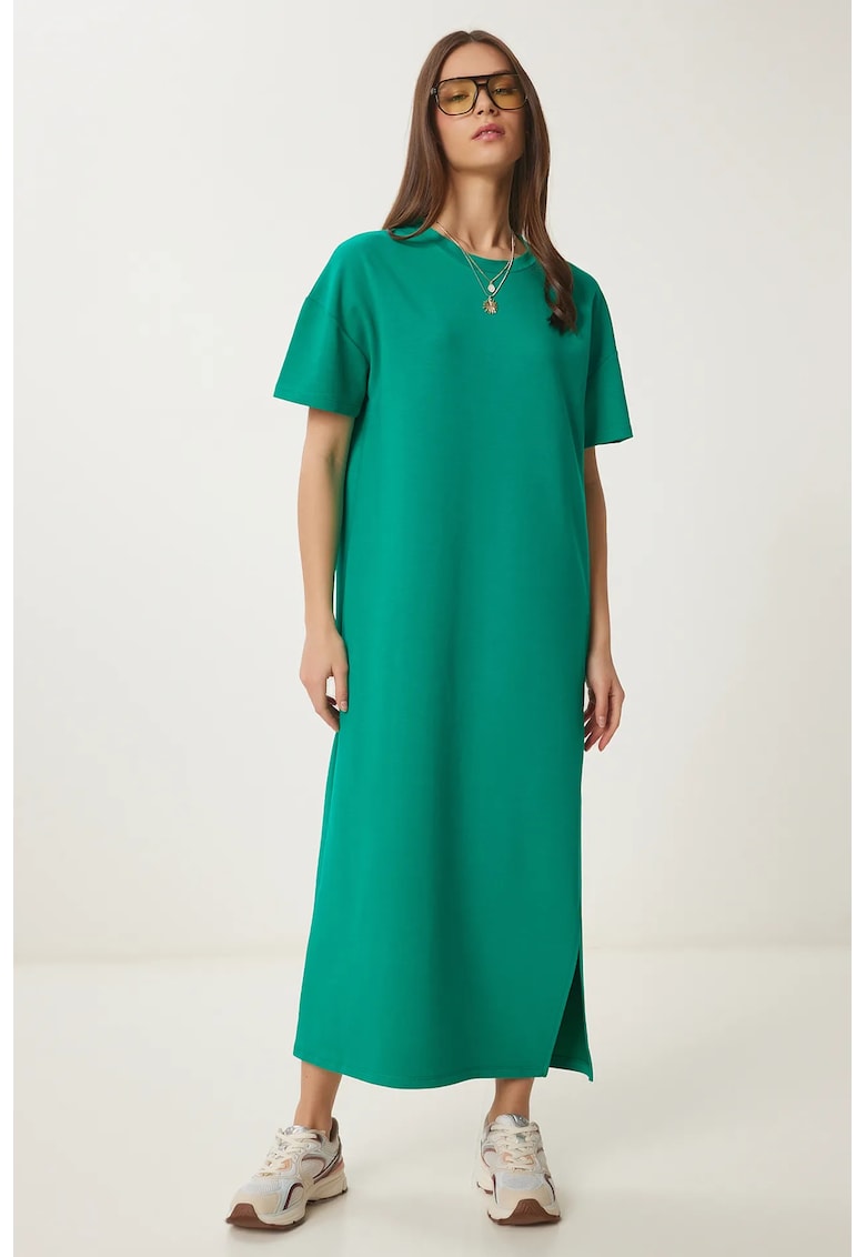 Rochie midi - Happiness Istanbul - verde - bumbac - cu slit - maneca scurta -