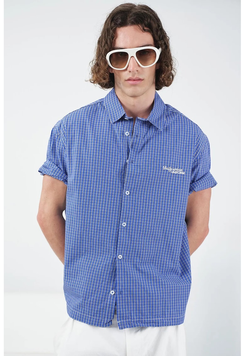 Camasa barbati - casual cu maneca scurta - carouri - albastru Moroccan - bumbac