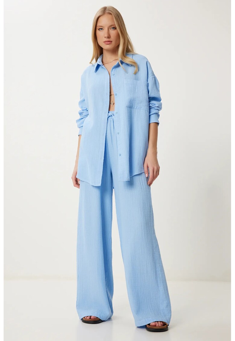 Costum asortat - Happiness Istanbul - talie inalta - pantaloni largi - albastru cerulean - 100% bumbac - set