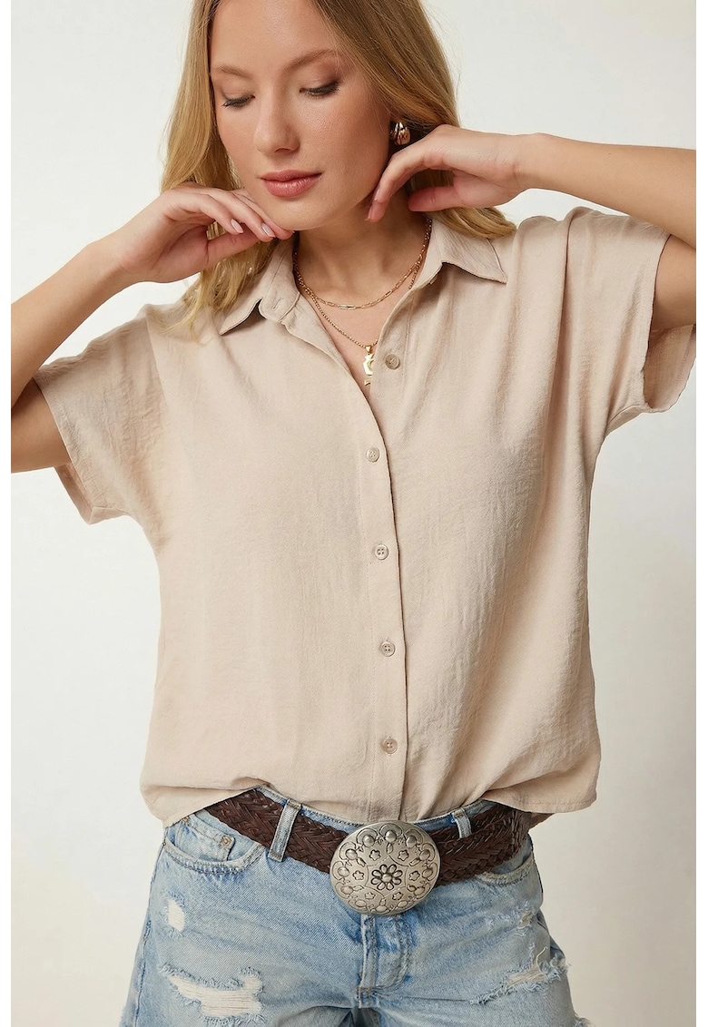 Camasa casual - Happiness Istanbul - bej natural - 100% viscoza - maneca scurta