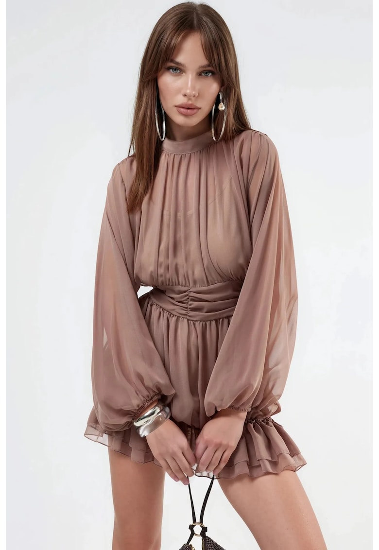 Rochie mini - poliester - cu maneca lunga - maro