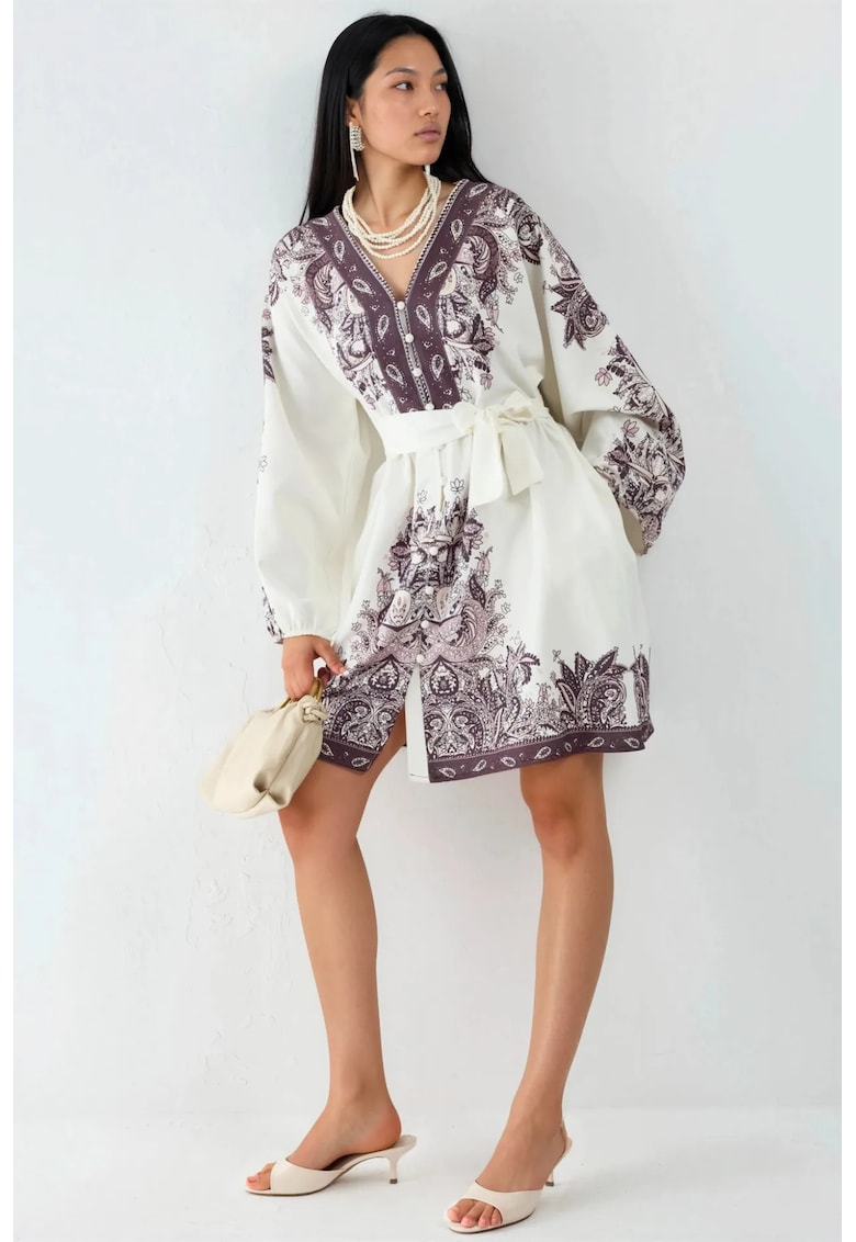 Rochie mini - cu maneca lunga - poliester/elastan - alb/maro