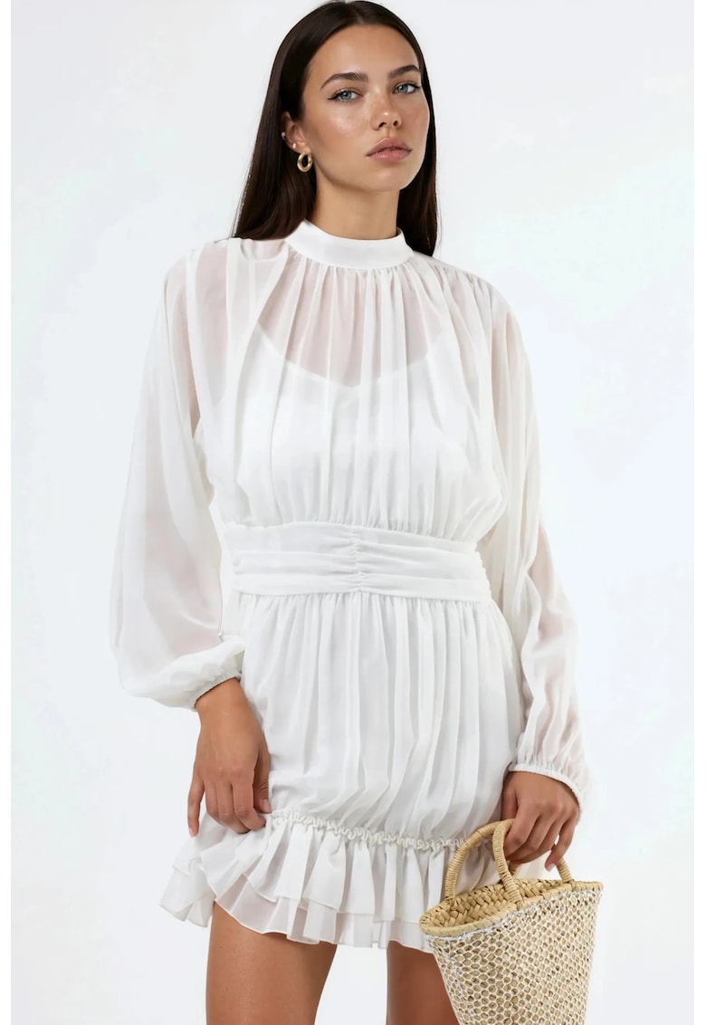 Rochie mini - guler inalt - alb - poliester