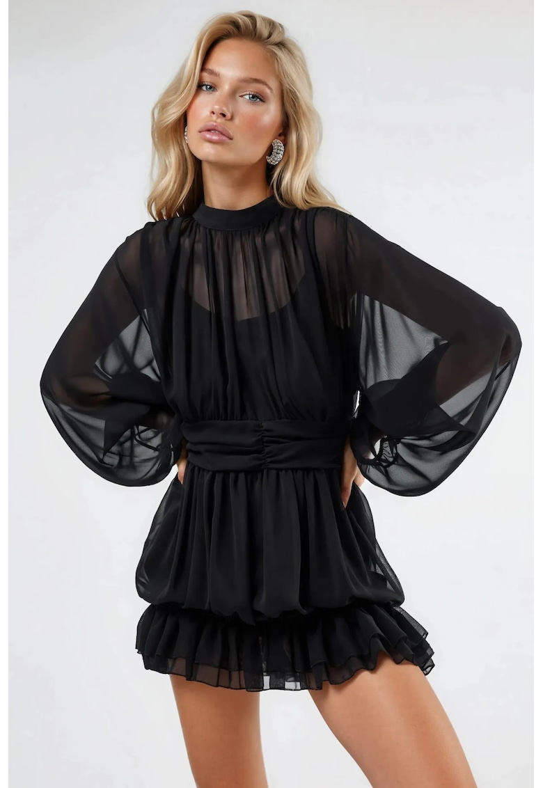 Rochie mini - cu volanase - negru - poliester/lycra