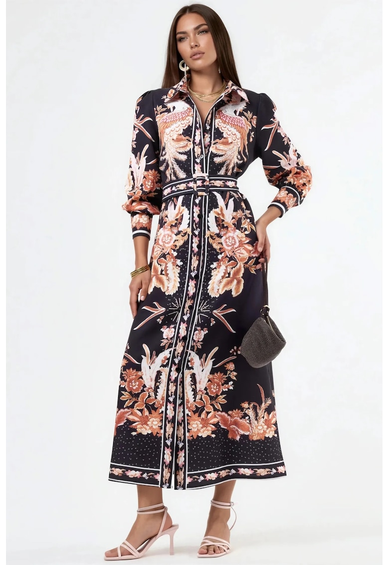 Rochie tip camasa - lunga - MSN Floral - curea in talie - multicolor - poliester/elastan