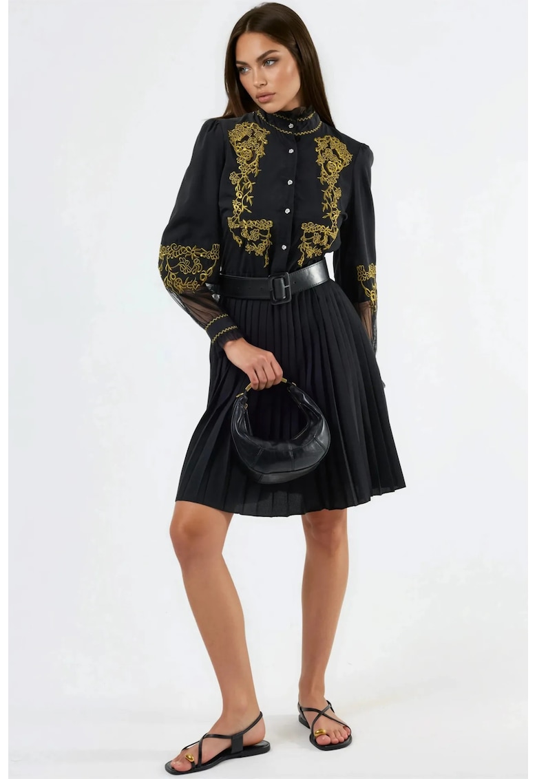 Rochie mini - brodata - negru - poliester/lycra - maneca lunga