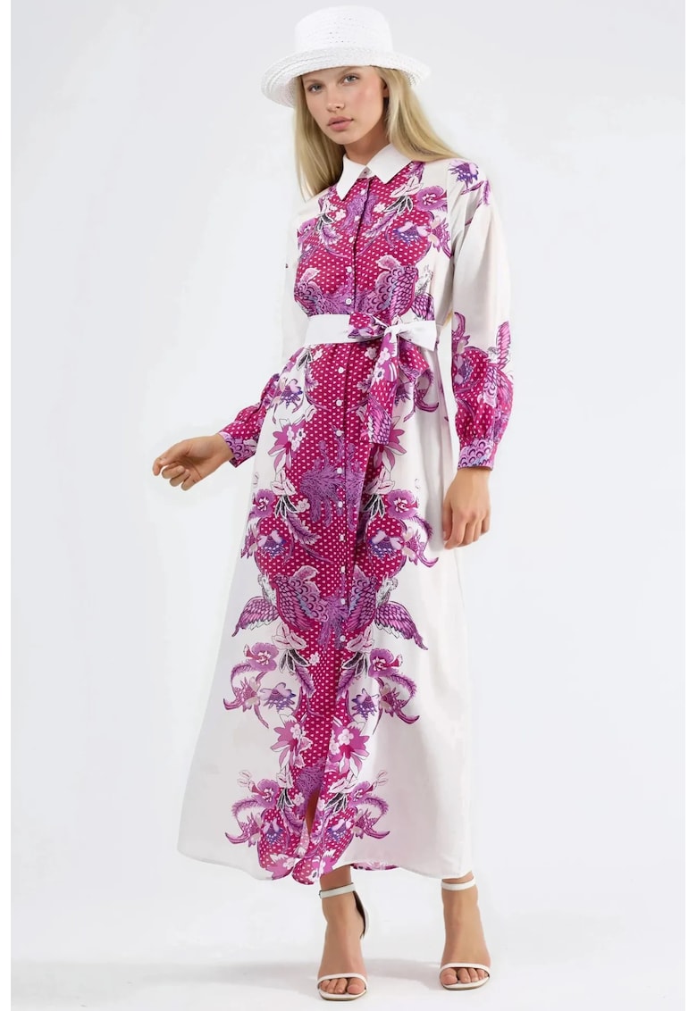 Rochie midi - imprimeu floral - maneca lunga - poliester/lycra - roz/alb