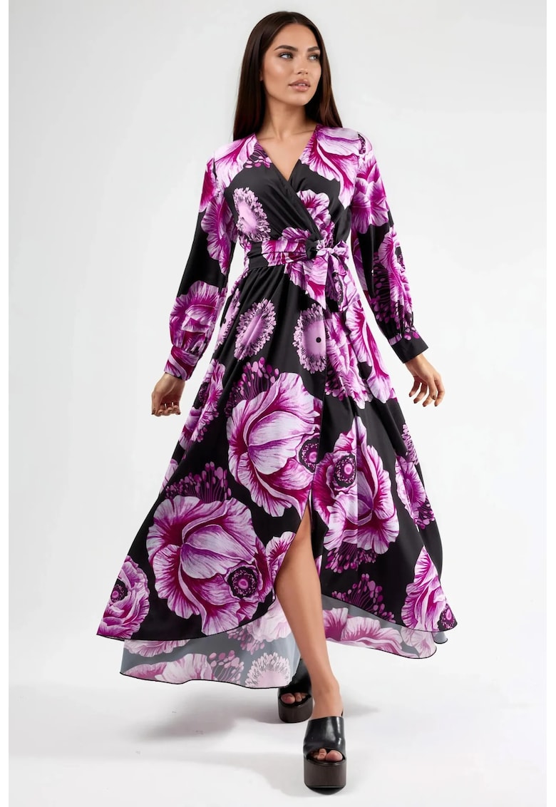 Rochie Midi - Floral - Elegant - Roz/negru - Poliester/Lycra