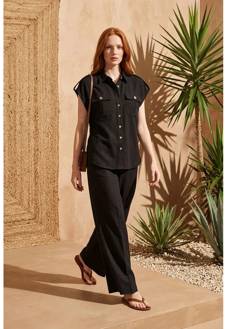 Set din doua piese - talie inalta - pantaloni largi - negru - bumbac/viscoza/in