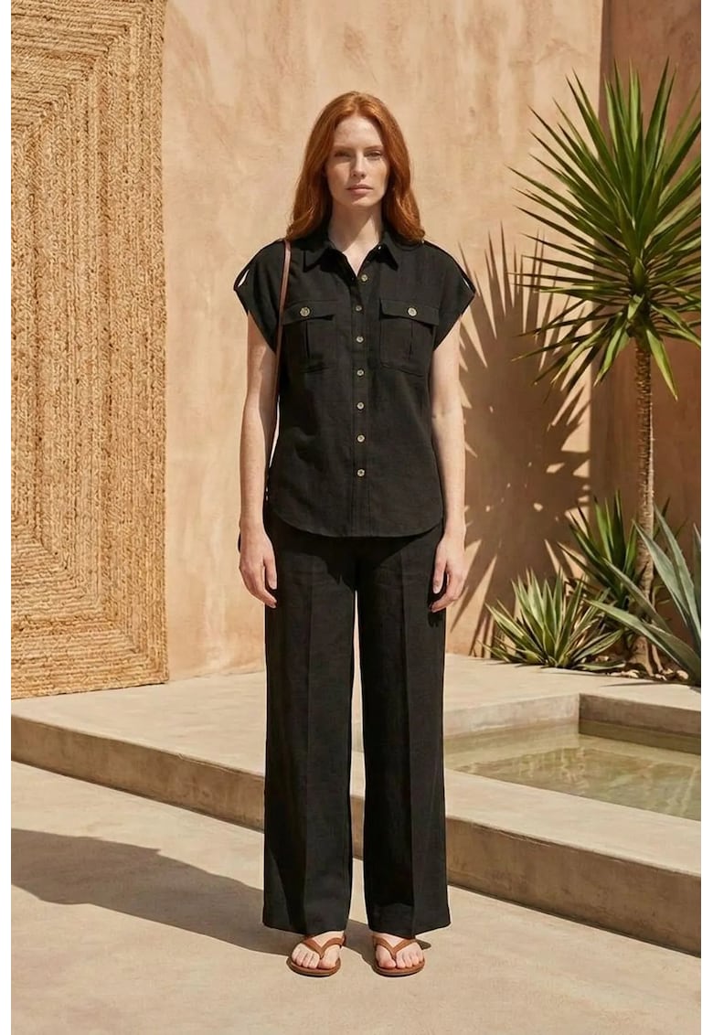 Set din doua piese - talie inalta - pantaloni largi - negru - bumbac/viscoza/in -