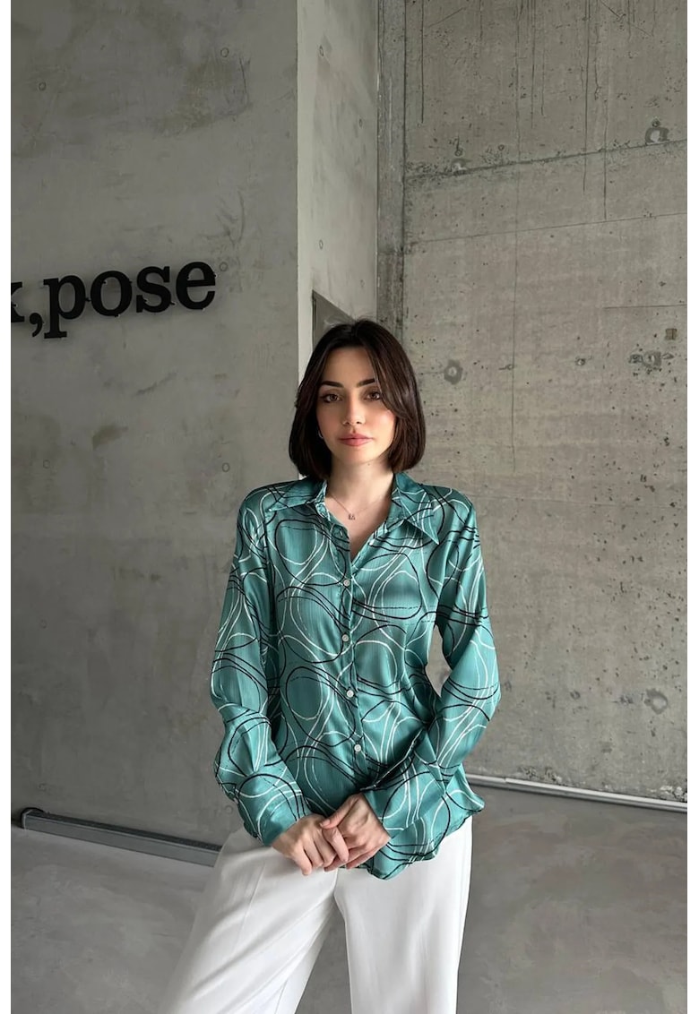 Camasa dama - camasa cu imprimeu geometric - verde - 100% poliester - maneca lunga