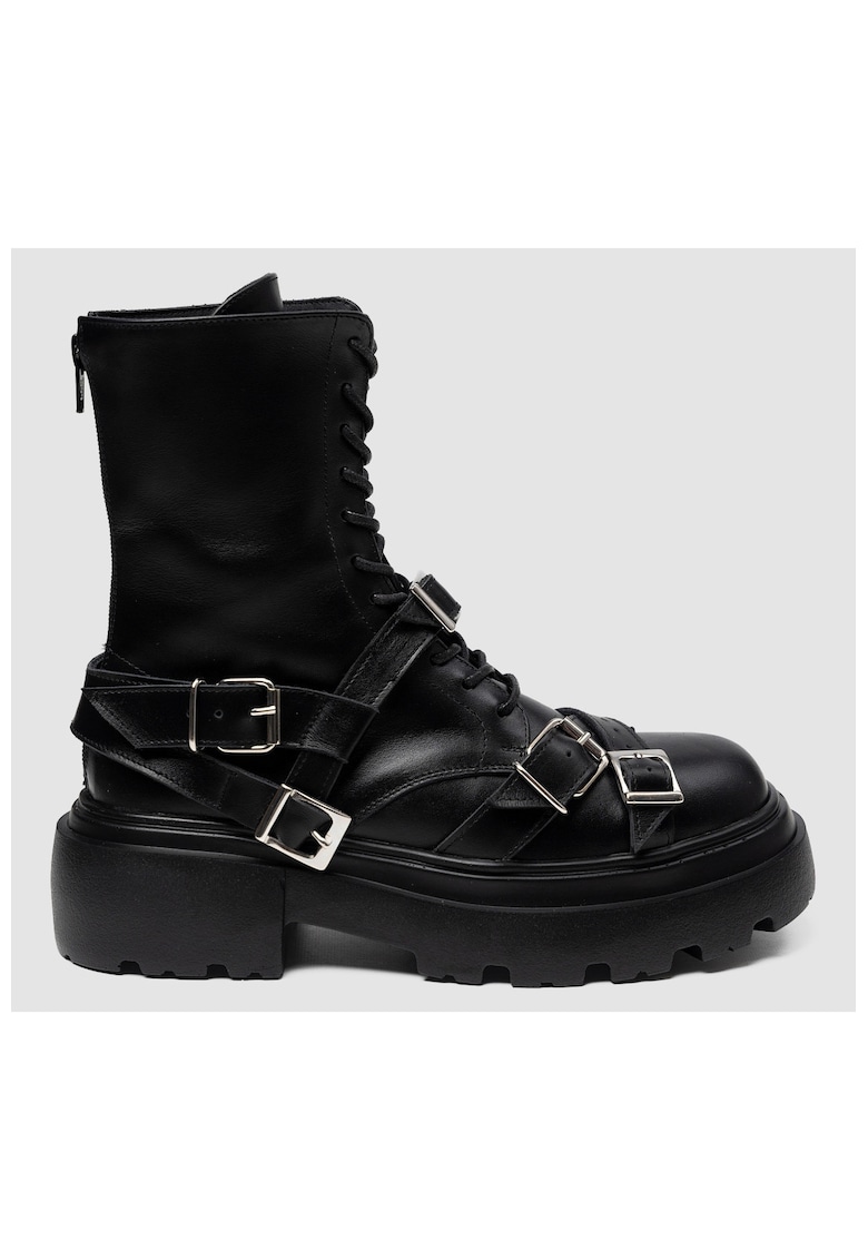 Ghete din piele cu catarame decorative - Negru - Negru