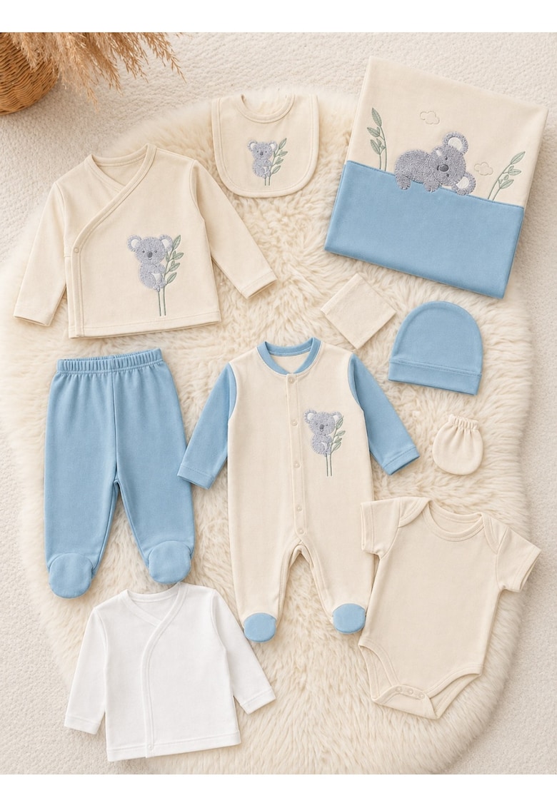Set bebe 10 piese bumbac bleu crem complet nou nascut - 0-3 luni - Baieti