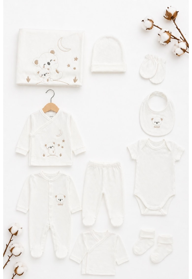 Set bebe 10 piese alb din bumbac moale nou nascut complet - 0-3 luni - Baieti