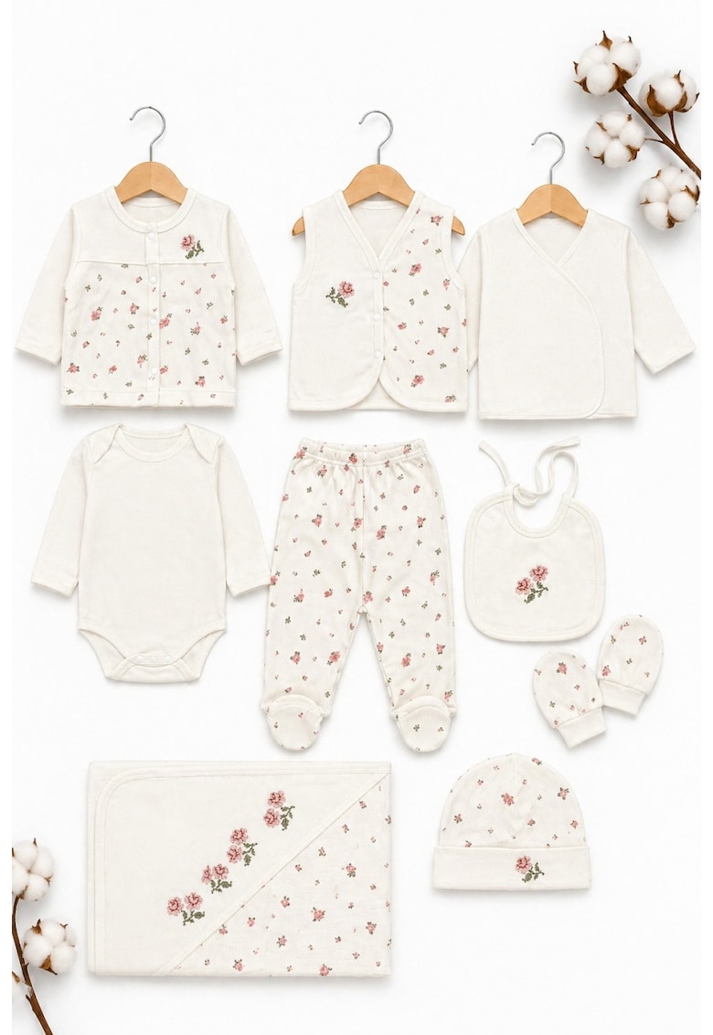 Set bebe 10 piese din bumbac cu imprimeu floral delicat nou nascut - 0-3 luni - Fete