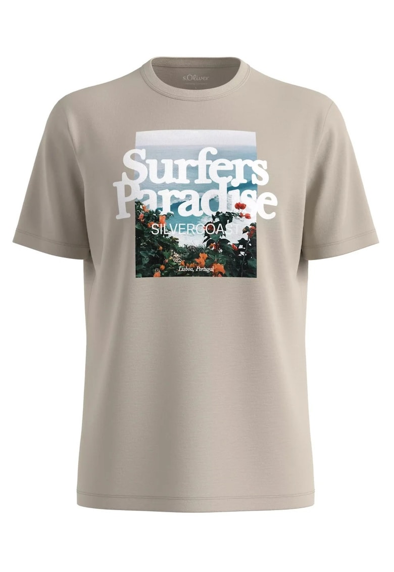 Big Sizes Tricou barbati big sizes cu imprimeu foto si decolteu la baza gatului - Crem