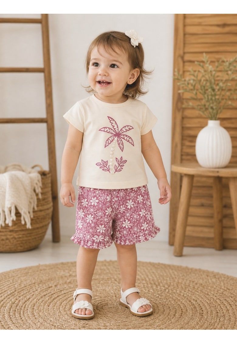 Set haine bebe fete 2 piese bumbac premium – tricou si pantaloni scurti floral