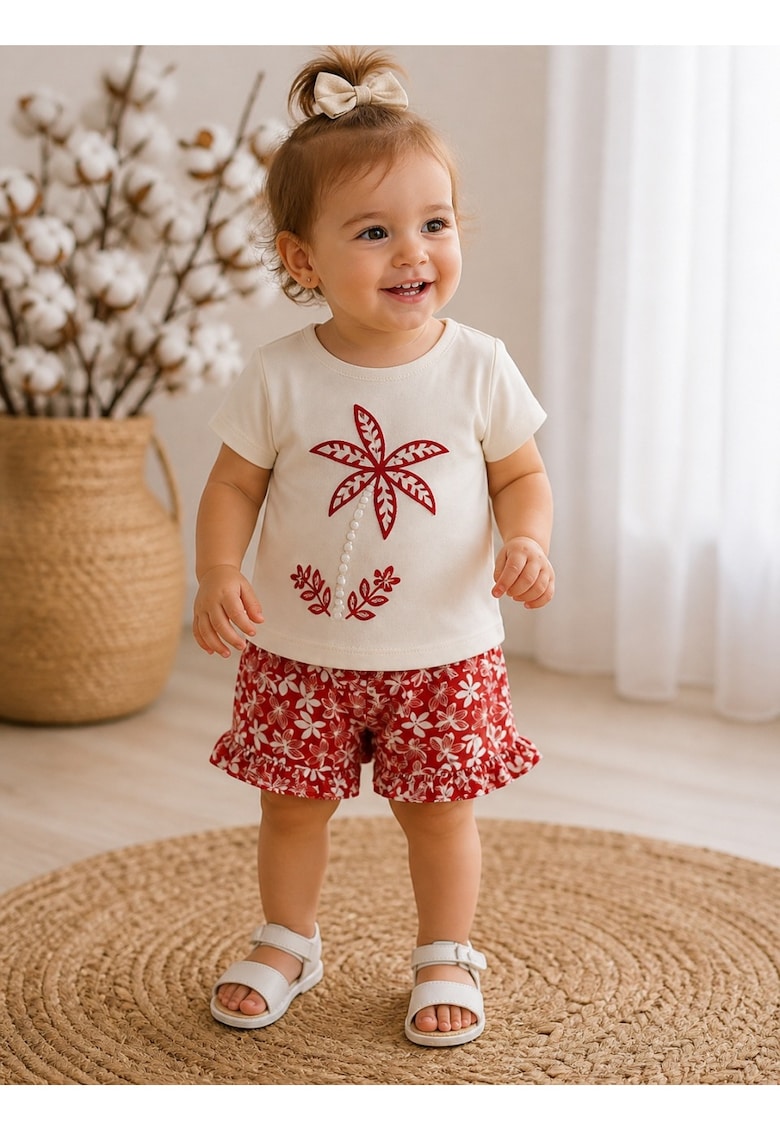 Set haine bebe fete 2 piese bumbac premium – tricou si pantaloni scurti rosii floral