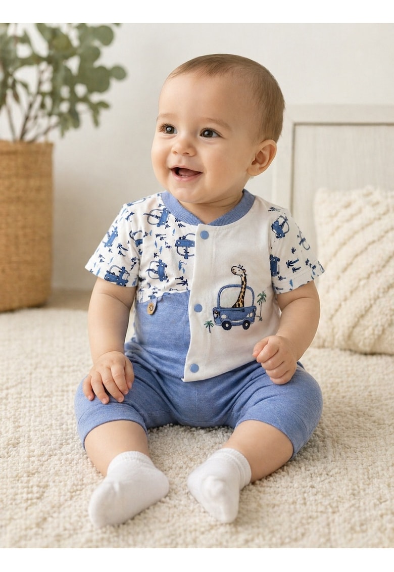 Set haine bebe baiat 2 piese bumbac premium – tricou cu capse si pantaloni albastri cu girafa