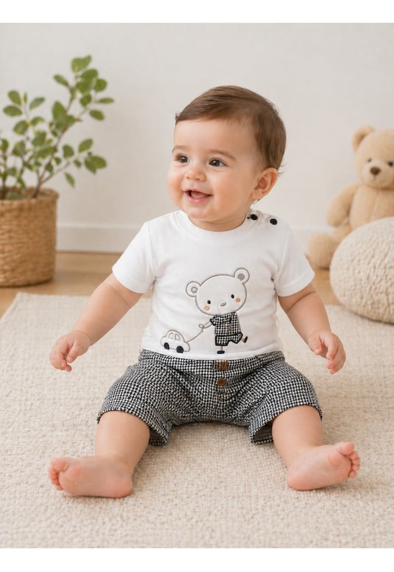Set haine bebe baiat 2 piese bumbac premium – tricou si pantaloni scurti cu ursulet gri