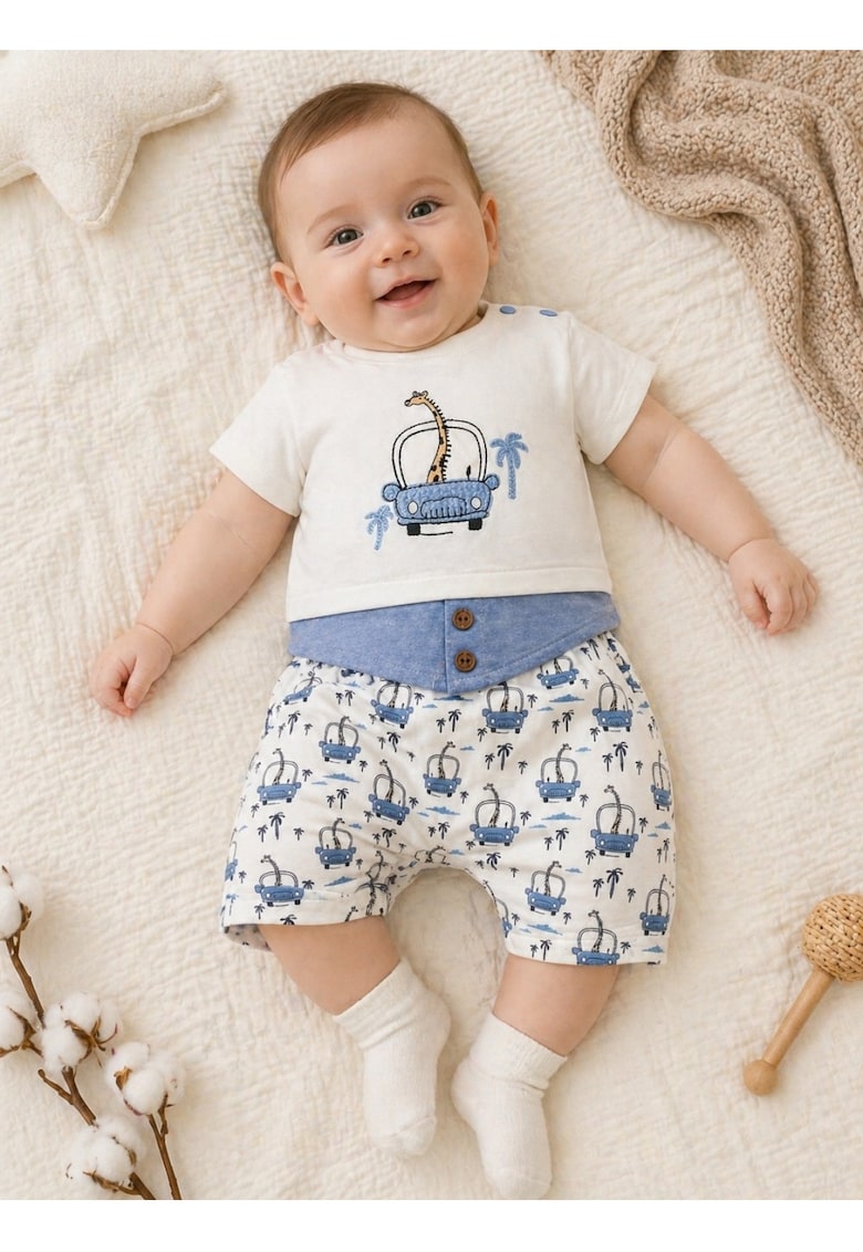 Set haine bebe baiat 2 piese bumbac premium – tricou si pantaloni scurti albastri cu girafa