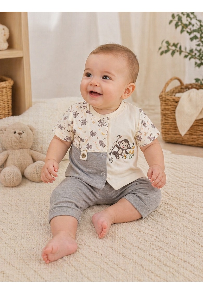 Set haine bebe baiat 2 piese bumbac premium – tricou cu capse si pantaloni cu maimuta