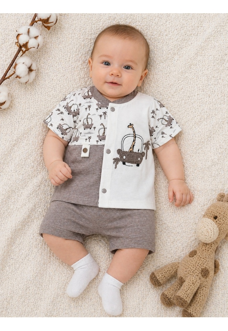 Set haine bebe baiat 2 piese bumbac premium – tricou cu capse si pantaloni cu girafa