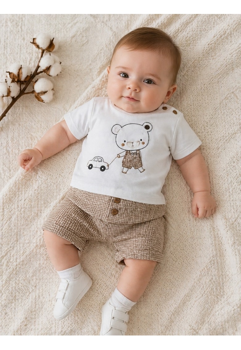 Set haine bebe baiat 2 piese bumbac premium – tricou si pantaloni scurti cu ursulet