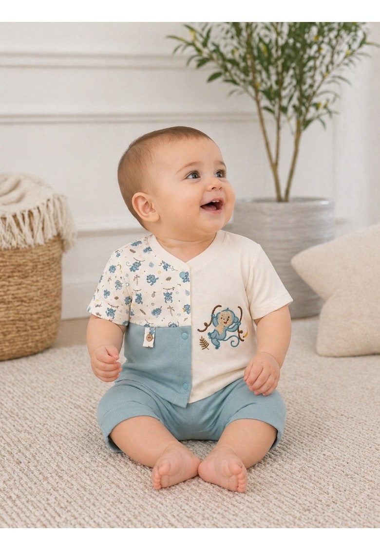 Set haine bebe baiat 2 piese bumbac premium – tricou cu capse si pantaloni albastri cu maimuta