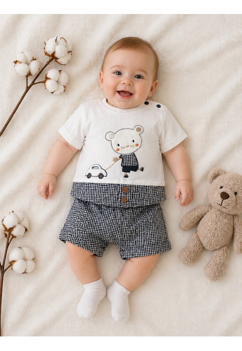 Set haine bebe 2 piese bumbac premium – tricou si pantaloni scurti cu ursulet
