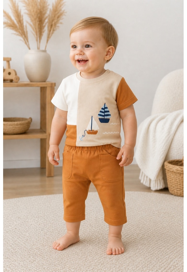 Set haine bebe baiat 2 piese bumbac premium – tricou cu barcute si pantaloni maro