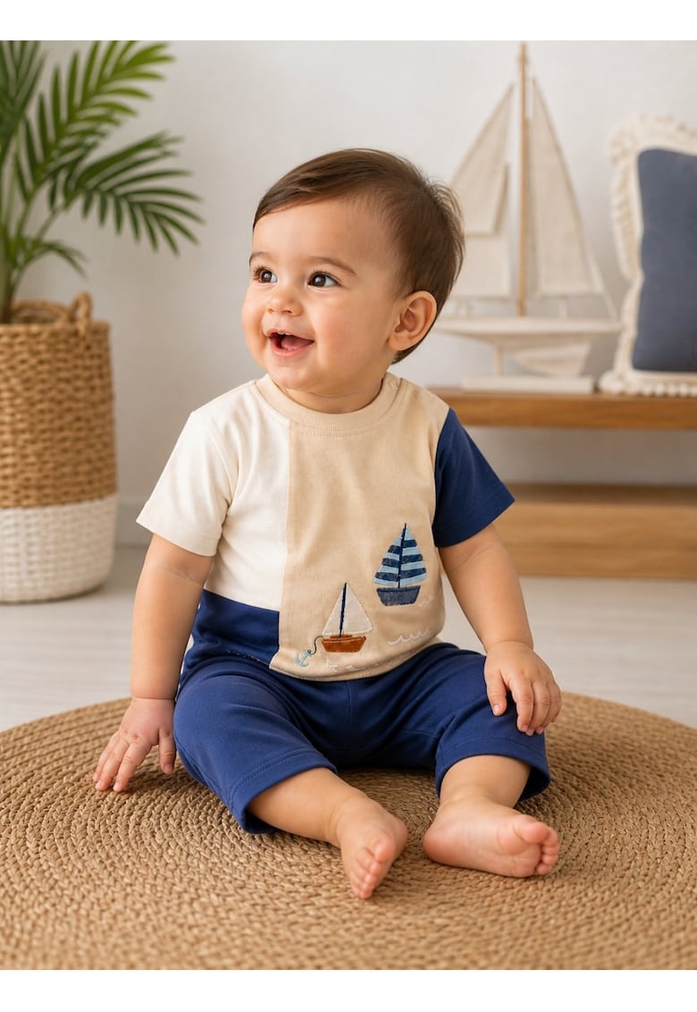 Set haine bebe baiat 2 piese bumbac premium – tricou cu barcute si pantaloni albastri