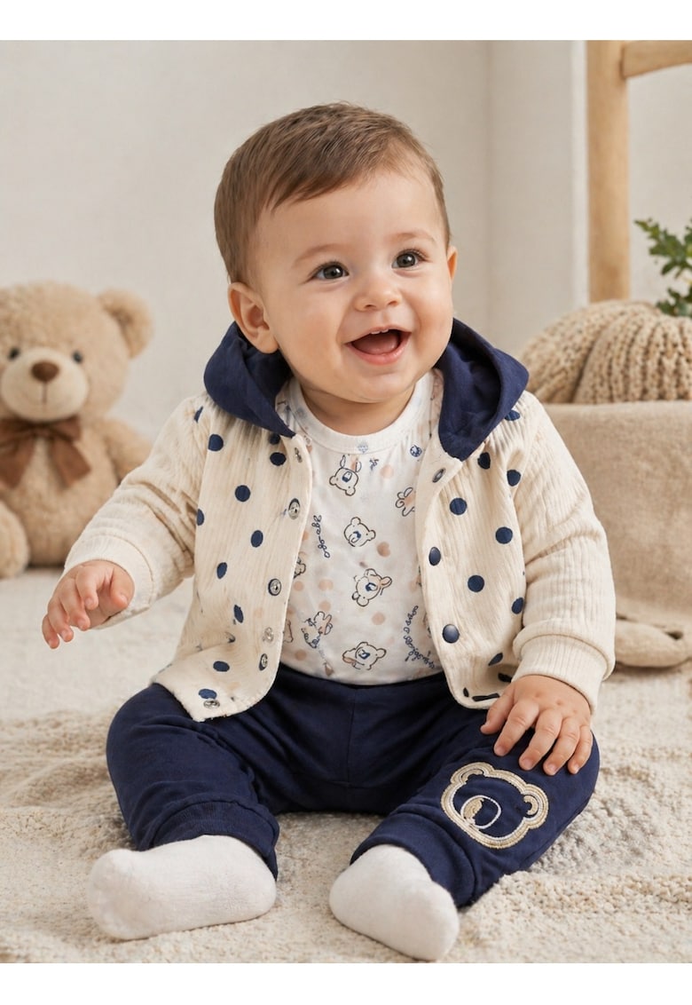 Set bebe baiat 3 piese cu hanorac – body imprimeu urs si pantaloni bleumarin