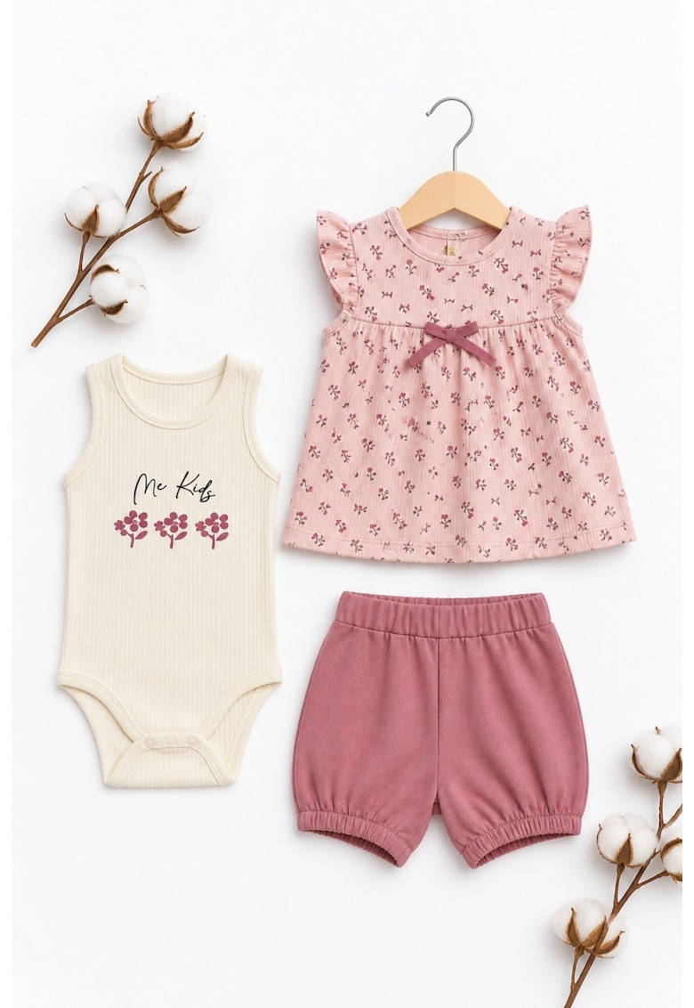 Set bebe fete 3 piese vara – body - bluza cu imprimeu si pantaloni scurti roz