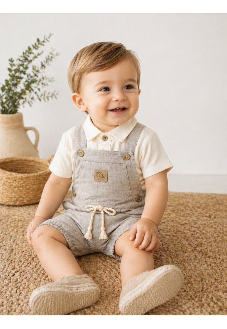 Set bebe baiat 2 piese camasa si salopeta cu bretele stil in culoare bej