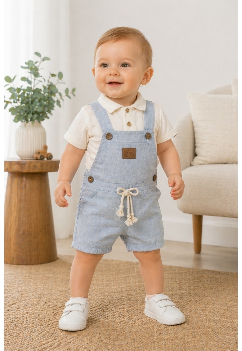 Set bebe baiat 2 piese camasa si salopeta cu bretele culoare bleu deschis