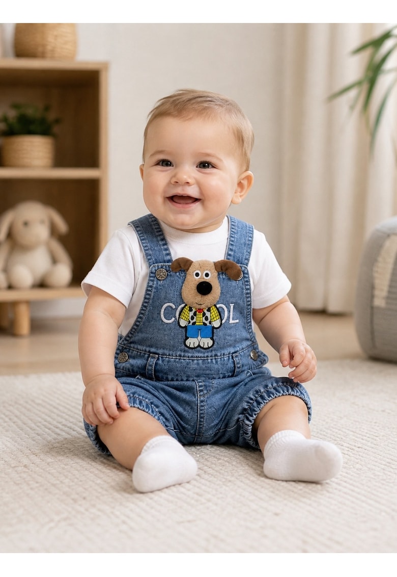 Set bebe baiat salopeta denim 2 piese – salopeta cu catel aplicat si tricou alb
