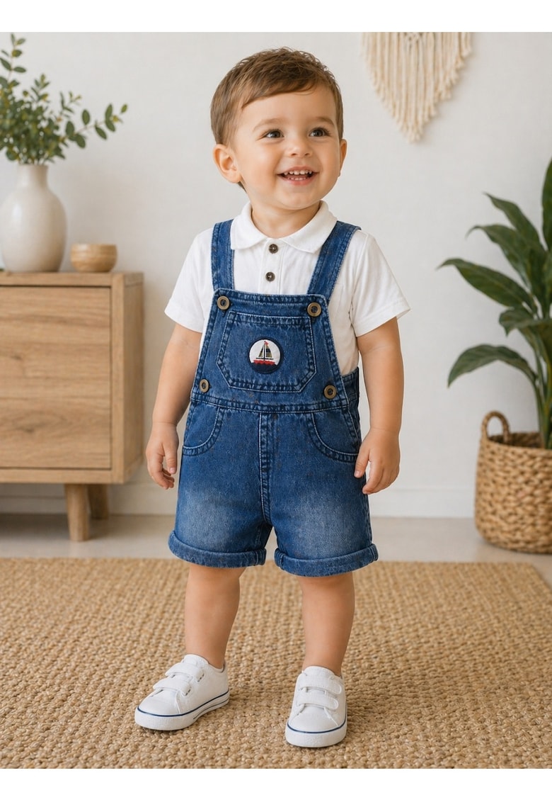 Set bebe baiat 2 piese camasa alba si salopeta denim cu bretele pantaloni scurti