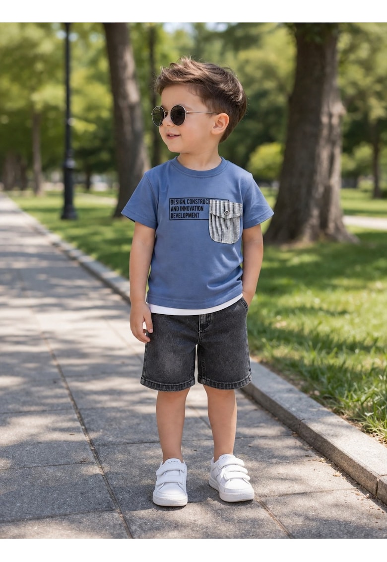 Set bebe baiat 2 piese tricou albastru cu imprimeu si pantaloni scurti denim negri