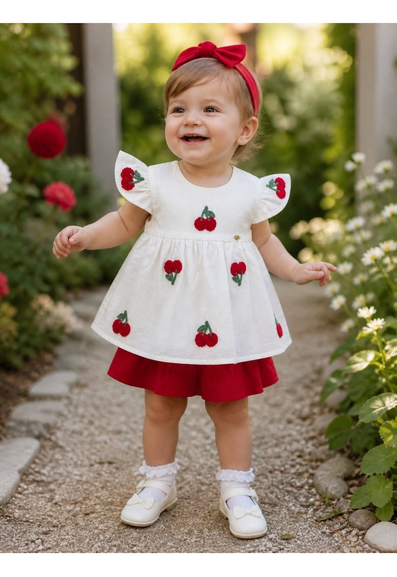 Set fetita 2 piese bluza alba cu cirese si fusta rosie vaporoasa din vascoza