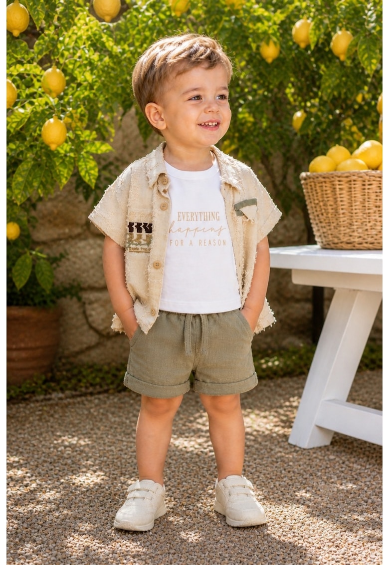 Set bebe baiat 3 piese camasa bej texturata tricou si pantaloni scurti verzi vara