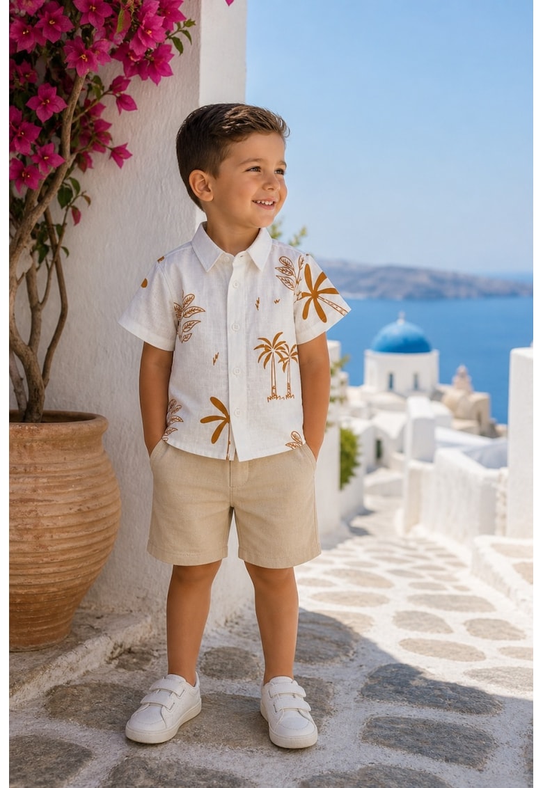 Set bebe baiat 3 piese camasa imprimeu tricou si pantaloni scurti vara casual