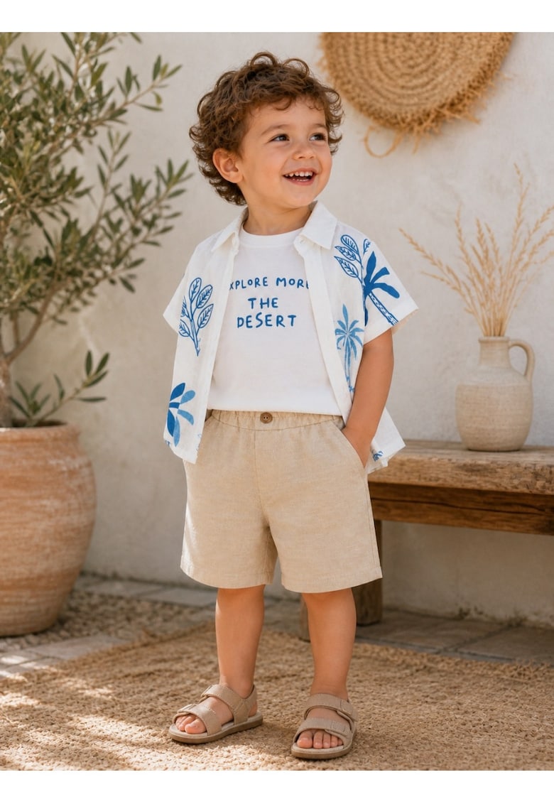 Set bebe baiat 3 piese camasa imprimeu albastru tricou si pantaloni vara
