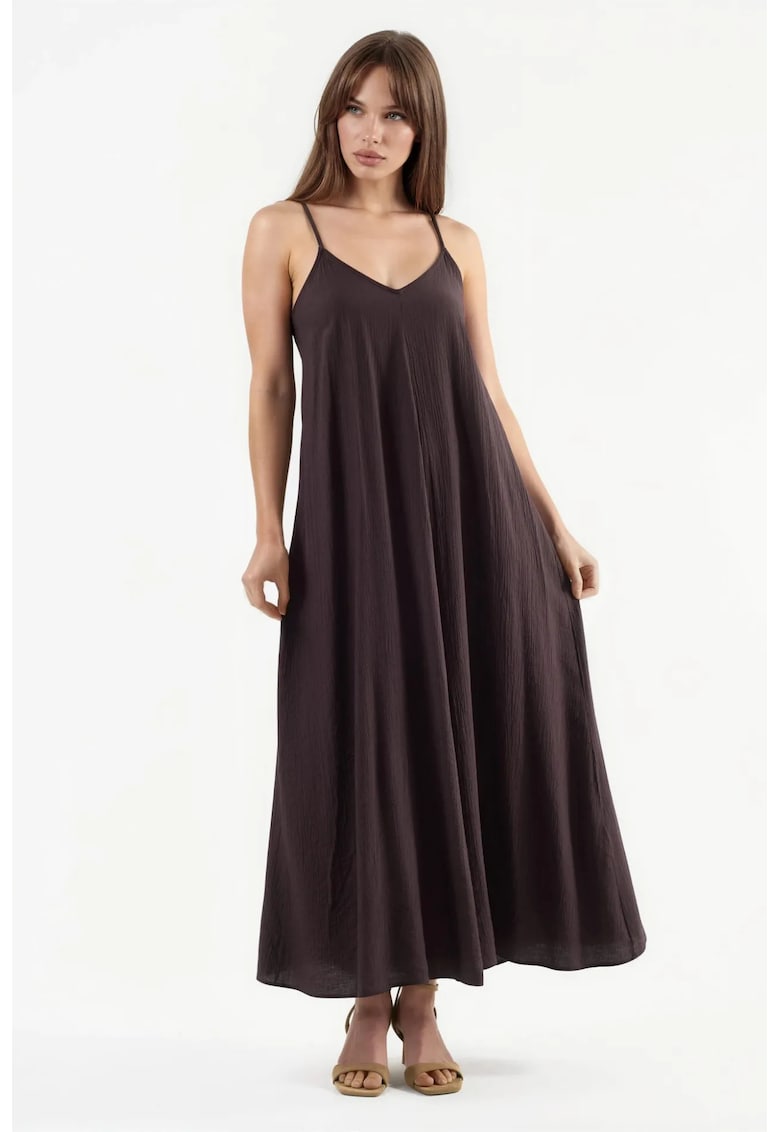 Rochie midi tip furou - decolteu in V - poliester - Maro