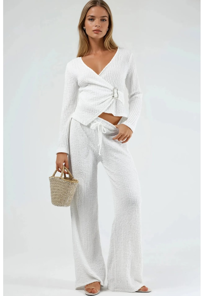 Pantaloni dama - texturati - picior larg - alb - poliester-elastan